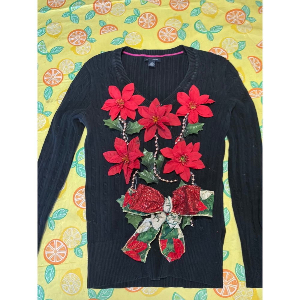 Christmas Womens Tommy Hilfiger Ugly Sweater Medium Black Poinsettia Bow DIY
